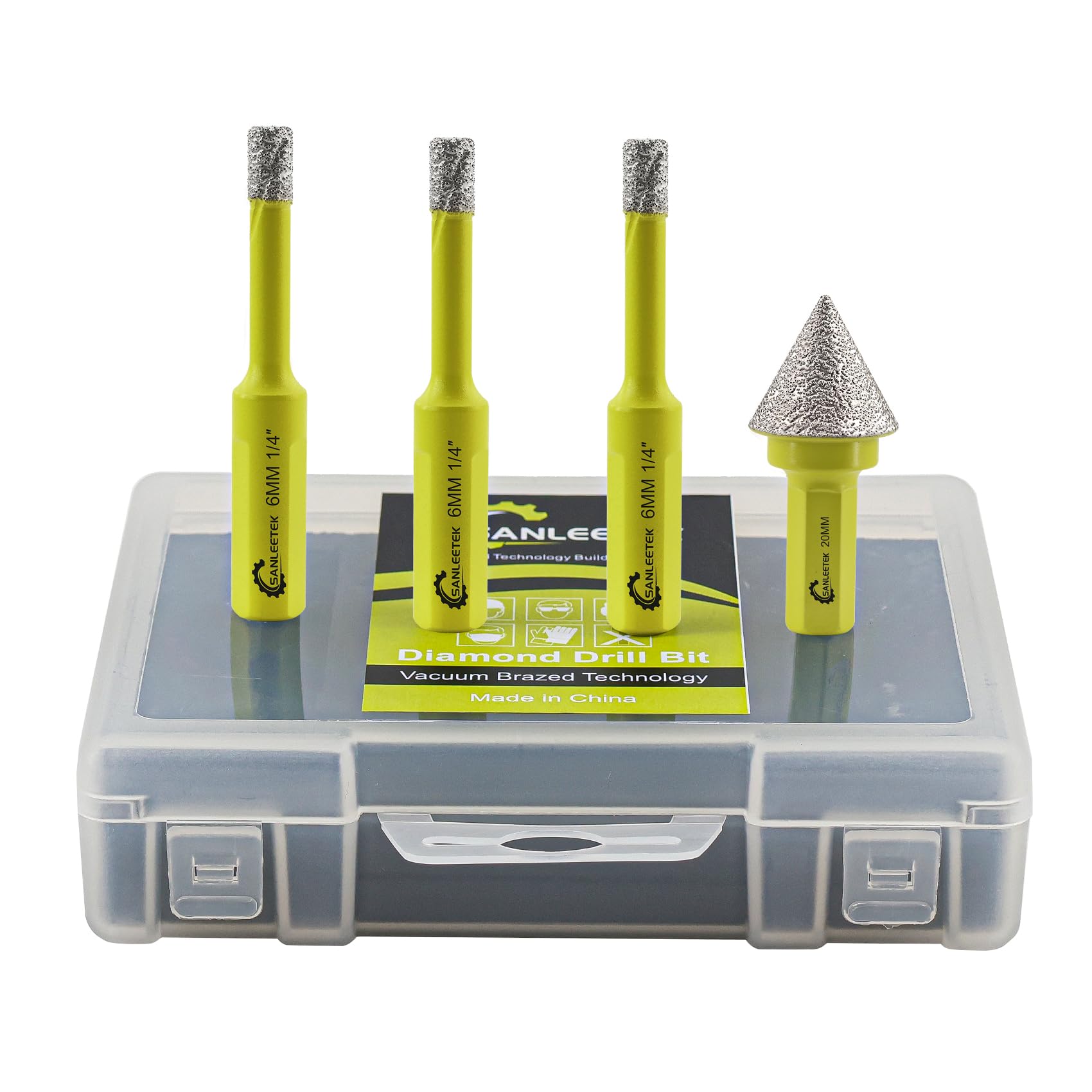 Diamond Core Drill Bits Set - 4pcs 6/6/6mm Hole Saw with Triangle Shank+1pc 20mm Hex Shank Beveling Chamfer Bit SANLEETEK for Porcelain Ceramic Tile Marble Granite Artificial Stone