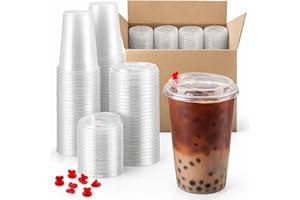16oz 100 Sets PP Plastic Cups with Strawless Sip-Lids, Clear Disposable Plastic Coffee Cups with Lids for Cold Beverages, to 