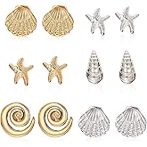 OATHYAN 6 Pairs Boho Elegant Earring Set Chunky Stud Earrings for Women, Gold Plated Starfish Conch Sea Shell Charms Gold and Silver Ear Accessories