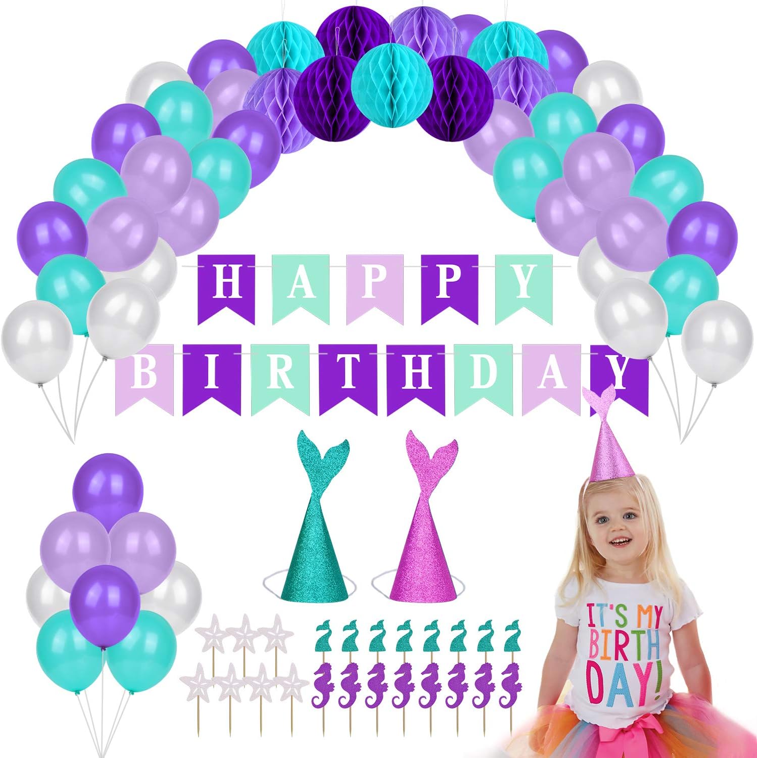 LOYOU Mermaid Party Decorations, 90 Pack Girl Mermaid Theme Party Decorations with Glitter Mermaid Hats, Cupcake Topper, Happy Birthday Banner, Honeycomb Ball, Balloons