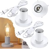 Tuanse 2 Pcs Lamp Base E26 E27 Socket with 6 Ft Cord, White, Aluminum | Metal Polished Bulb Holder with Switch Plug, Stable Night Light Base Lamp Replacement, Nonslip Plug-in Design