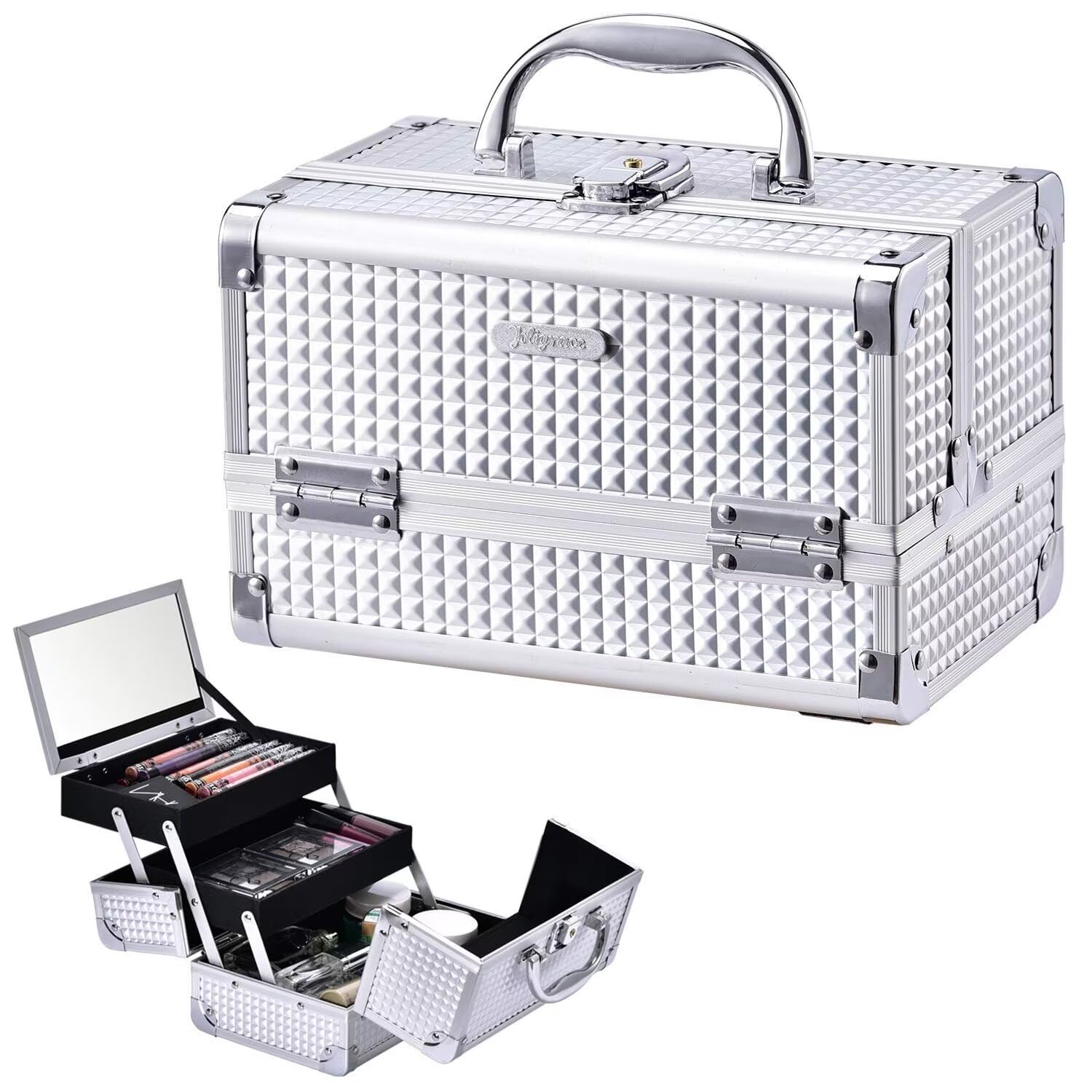 Photo 1 of Joligrace Makeup Box Cosmetic Train Case Jewelry Organizer Lockable with Keys and Mirror 2-Tier Tray Portable Carrying with Handle Travel Storage (Classic Silver)