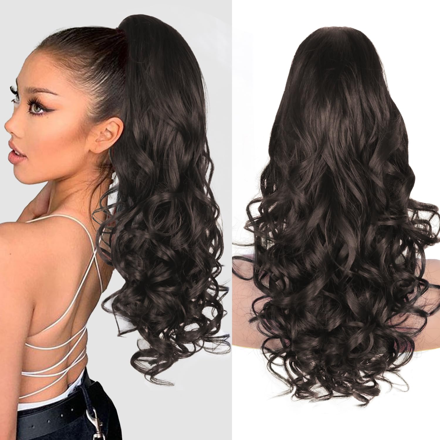 Photo 1 of ZQIAN BEAUTY Dark Brown Ponytail Extension, 24 Inch Claw Clip ponytail extension, Soft Curly Clip on Ponytails for Women, Natural Synthetic Layered Pony Tails Hair Extensions (Color: Dark Brown)