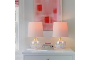 Velooke 2 Pack 15" Hand-Blown Glass Table Lamp Set, Blush Pink Velvet Shade, Pearlized Swirling Cloud Base, Small Accent Lamp for Girls Bedroom Nightstand, Living Room, Kitchen Counter