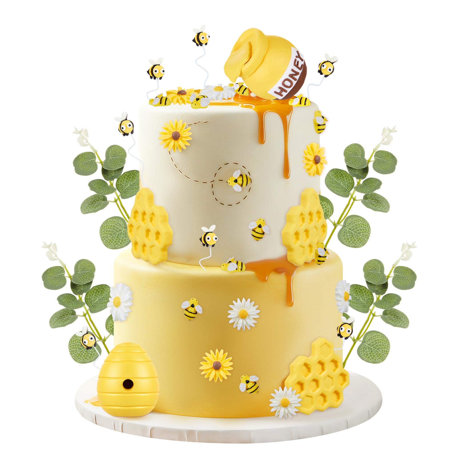 Photo 1 of RoundFunny 45 Pcs Bee Cake Toppers Including Resin Bee Honey Jar Honeycomb Honeypot Daisy Sunflower Cake Decorations for Birthday Baby Shower Party Dessert Supplies