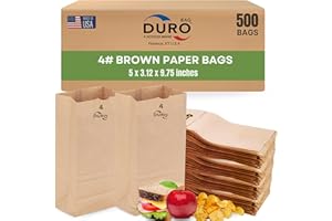 Duro 4# Brown Paper Lunch Bag 500 Count - Ideal for Sandwiches, Candy, Treats, Popcorn, Snacks, Bread & Cookies, Dubl Life SOS Disposable Recycled Kraft Brown Paper Bags Lunch Size, 5x3.12x9.75 Inches