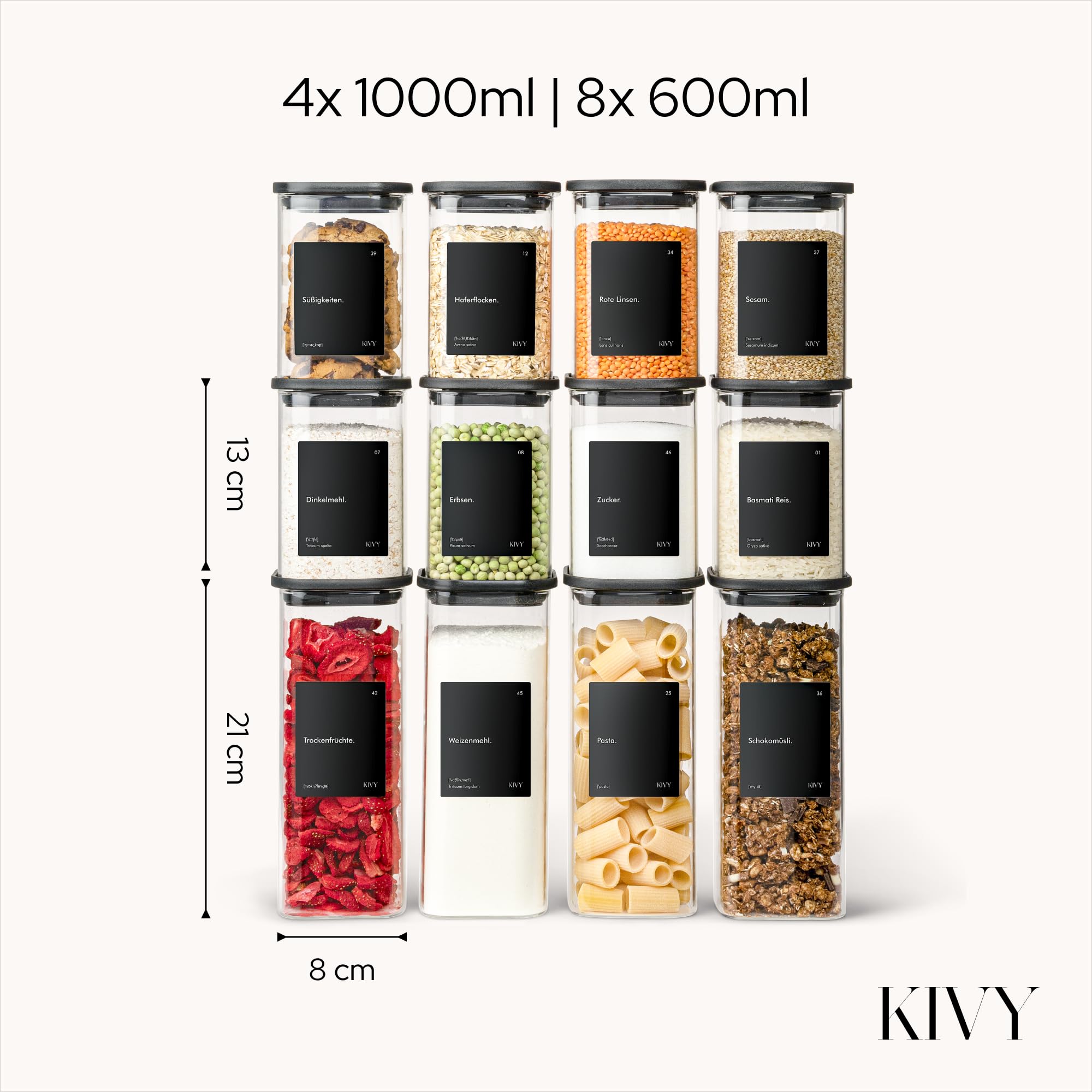 KIVY Vorratsgläser eckig [12er Set] + Etiketten - Stapelbare & Luftdichte Aufbewahrungsgläser mit Deckel - Schwarze Vorratsgläser mit Deckel Luftdicht - Vorratsdosen Glas Aufbewahrung 3