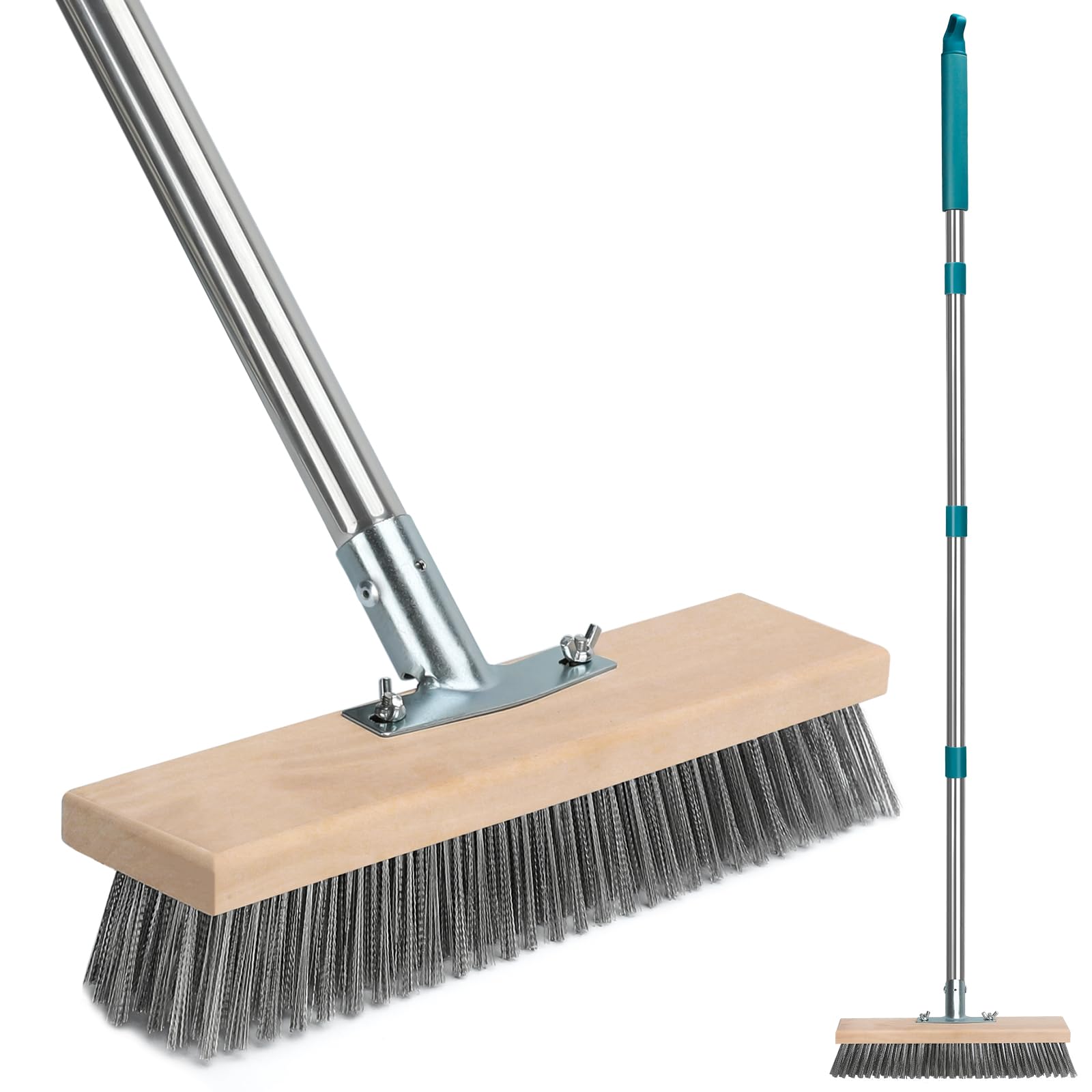 Photo 1 of Stainless Steel Deck Scrub Brush with Long Handle, Outdoor Broom for Concrete, Deck, Cement Floor Cleaning, 53" Long Handled Heavy Duty Floor Scrubber