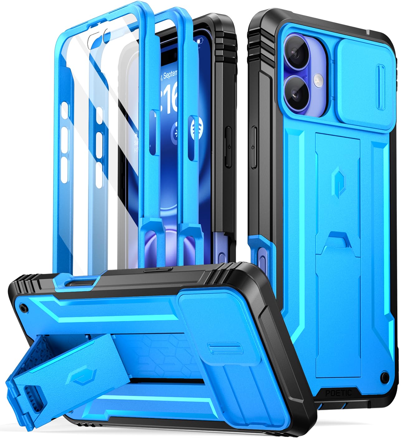 Poetic Revolution Case for iPhone 16 Plus 6.7 inch, [Slide Camera Cover], Full-Body Military Grade Rugged Shockproof Cover with Kickstand and Built-in-Screen Protector, Light Blue