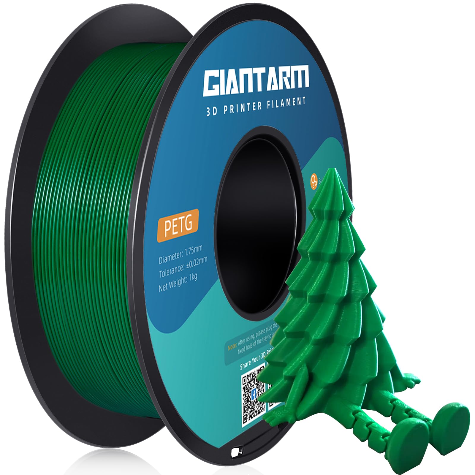 PETG Filament,3D Printer Filament,GIANTARM PETG Filament 1.75mm,Dimensional Accuracy +/- 0.02mm, 1kg,Green