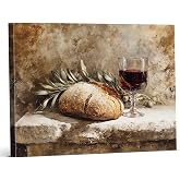 Christian Communion Kitchen Wall Art Decor Vintage Bread and Wine Print Picture Painting Rustic Religious Wall Decor for Farm