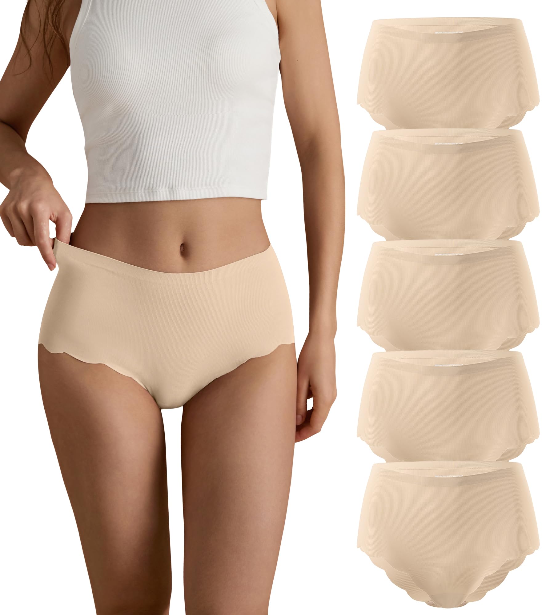 Photo 1 of SHARICCA Seamless High Waisted Underwear for Women Cheeky Underwear Wave Edge No Show Bikini Panties Ribbed Panties Pack,5P09,L