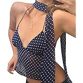 Women Y2k Polka Dot Tank Top Sleeveless Backless Crop Cami Scarf Top Spaghetti Strap Going Out Tops Coquette