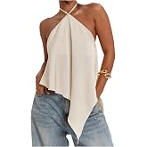 MakeMeChic Women's Satin Going Out Top Asymmetrical Y2K Crop Halter Tops | Sleeveless, Silk, Open Back, Flowy, Sexy, Cute, Babydoll Tops, Concert Tops, Festival