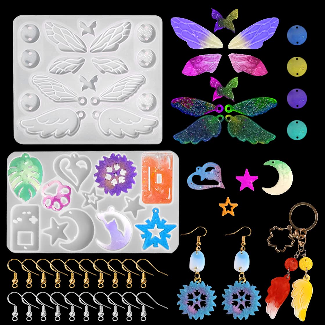 HyzaPhix 2PCS Earring Silicone Moulds Resin Jewellery Mould Necklace Epoxy Moulds Pendant Casting Mold for DIY Butterfly Wing Moon Star Keychain Craft Making