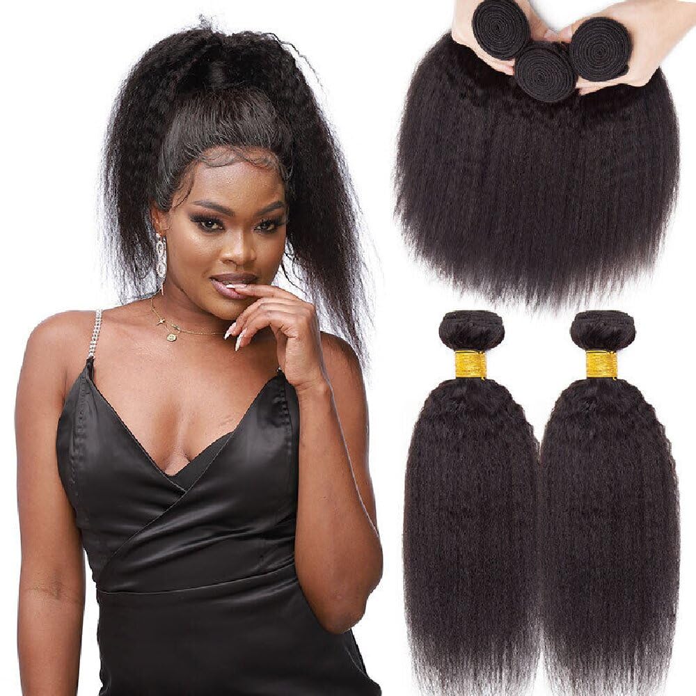 Urshiney Brazilian Virgin Human Hair Bundles Kinky Straight Yaki Texture 16 18 20 Inch 300g Total Natural Black Machine Weft Double Weft Tangle Free Dyeable