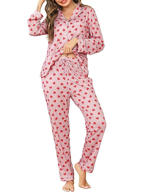 Vlazom Pyjamas Set for Women, Soft Two Pieces Pjs Sets Long Sleeve Button Down Tops and Pants Sleepwear Loungewear with Pockets Rose Pink Heart,M