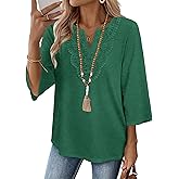 WIHOLL 3/4 Length Sleeve Womens Tops Boho V Neck Lace Shirt Trendy Blouses Dressy Casual Vacation Clothes S-3XL