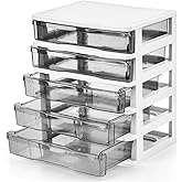 DEAYOU 5 Drawer Desktop Storage Bin Unit, Small Plastic Organizer, White Frame with Clear Drawer, Mini Container Case for Desk, Storing Craft, Accessory, Stationery