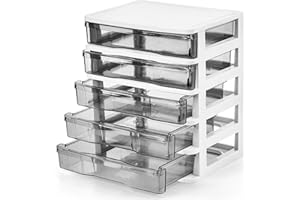 DEAYOU 5 Drawer Desktop Storage Bin Unit, Small Plastic Organizer, White Frame with Clear Drawer, Mini Container Case for Des