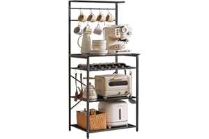 YMYNY Kitchen Baker's Rack, Microwave Oven Stand with Storage Shelves, Wine Holders, S-Hooks, Adjustable, Metal Frame, Black UHBR001B