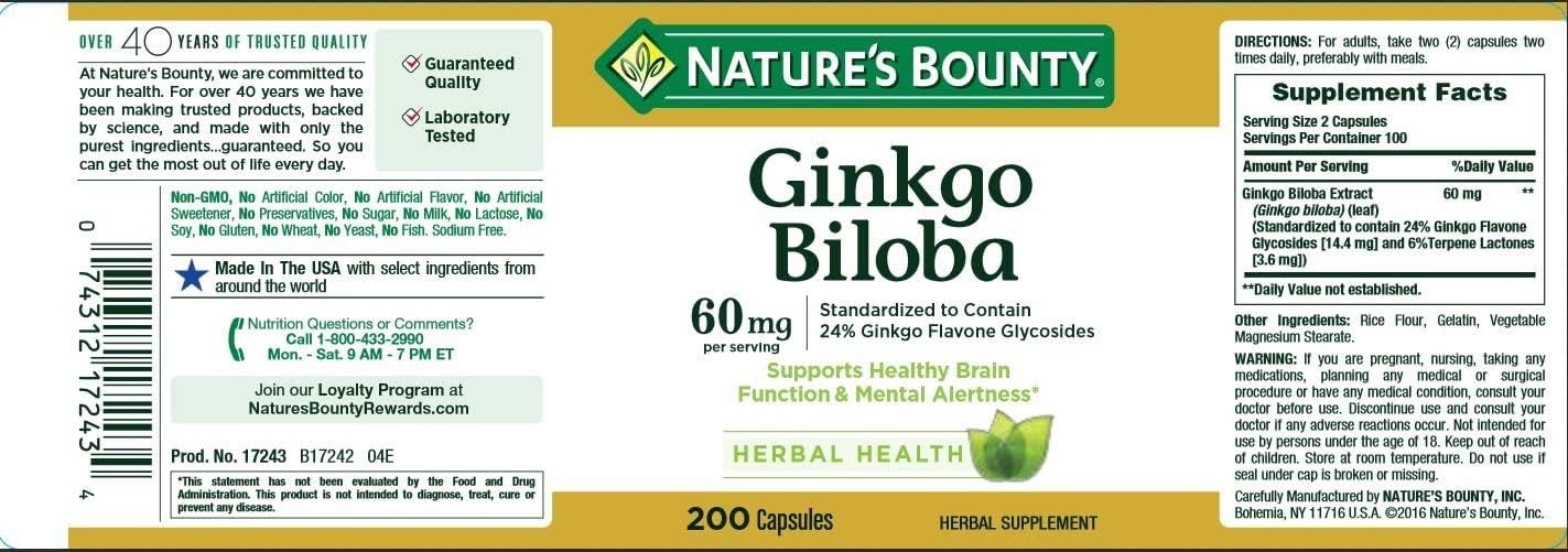 Nature's Bounty Ginkgo Biloba 60 Mg, 200 Capsules (17243): Health & Personal Care