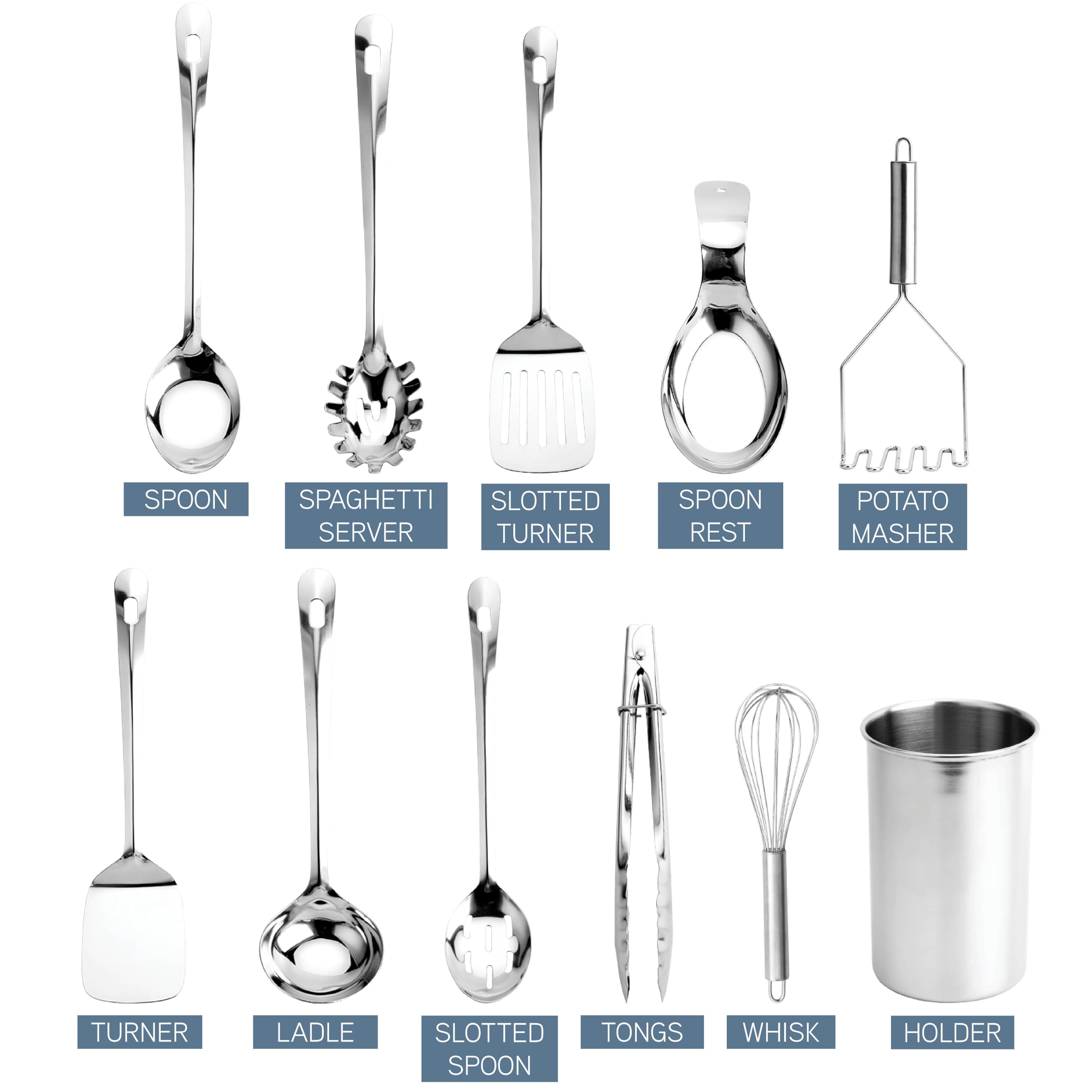 COOK WITH COLOR Kitchen Utensil Set - 10-piece premium Nonstick & Heat Resistant Kitchen Gadgets, Turner, Spaghetti Server, Serving Spoons, Whisk, Tongs, Masher & Utensil Holder, Stainless Steel
