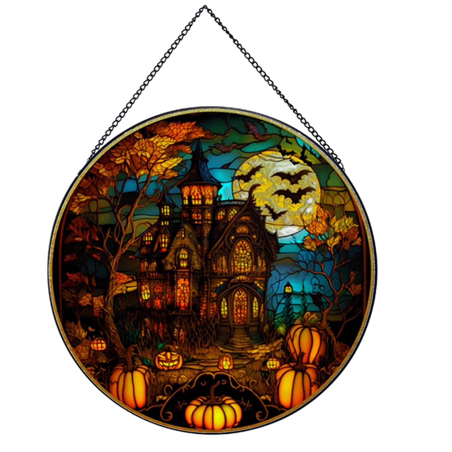 Payutou Moon Castle Bat Pattern Suncatcher Stained Glass,Hanging Stained Glass for Windows for Bird Lovers,20cm/7.87inch Sun Catcher Garden Hangings Ornaments Halloween Fall Christmas Decor for Home