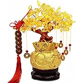 Colorsheng Feng Shui Yellow Quartz Crystal Tree, Bonsai Style Money Trees Decoration for Luck and Wealth (Purse)