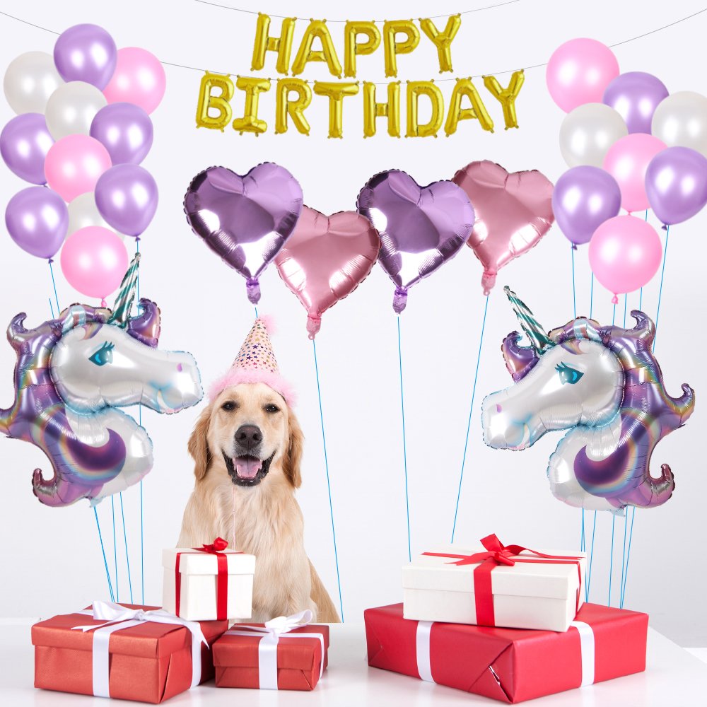 Birthday Party Decoration Kits 40 pcs Glitter Unicorn Headband,Gold Happy Birthday Banner,Foil Party Balloons, Headband for Kids Girls Birthday Party (Pink)