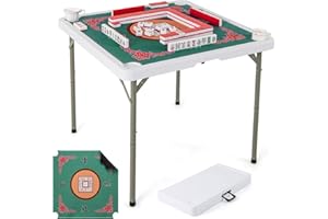 GYMAX Mahjong Table Foldable with Mahjong Mat, 4-Player Square Domino Table w/Cup Holders & Carrying Handle, Anti Slip Noise Reduction for Mahjong, Poker, Card Board Games (Green)