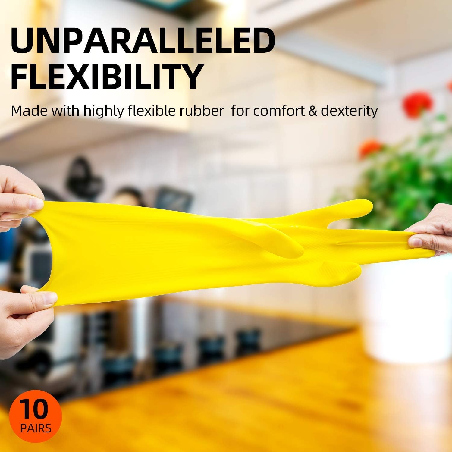 Vgo 10-Pairs Reusable Household Gloves, Rubber Dishwashing gloves, Extra Thickness, Long Sleeves, Kitchen Cleaning, Working, Painting, Gardening, Pet Care (Size L, Yellow, HH4601): Health & Personal Care