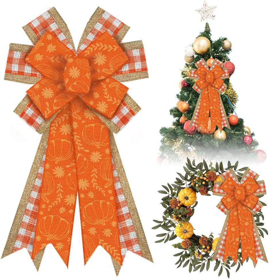 Bows & Ribbons - Estivaux Large Fall Bows for Wreath, Thanksgiving Pumpkin Wreath Bows Natural Burlap Bows Orange White Buffalo Plaid Bows Autumn Tree Topper Bows for Front Door Fall Thanksgiving Day Decorations