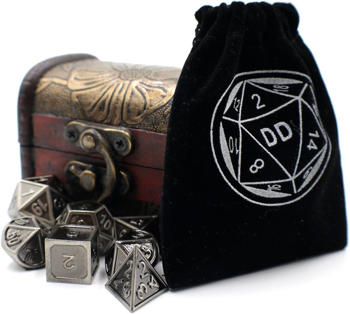Metal Dice Set with Silver Border and Storage Chest for Tabletop Games