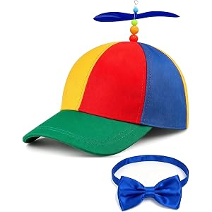 Propeller Hat Adult with Bow Tie Set, Rainbow Spinning Helicopter Baseball Cap for Party Costume