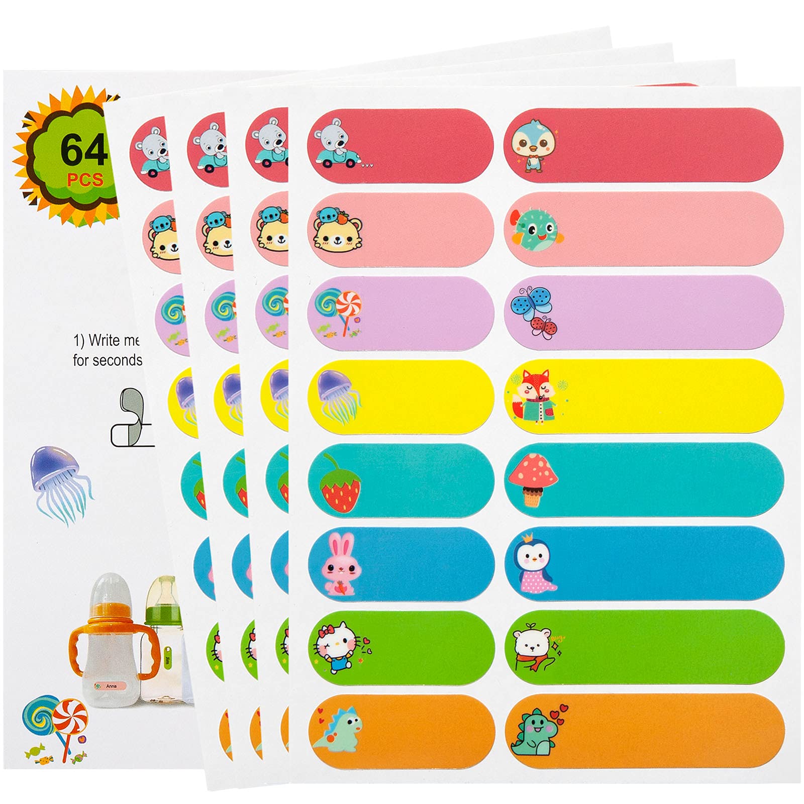 Name Labels Stickers for Kids School Supplies, 64 PCS Waterproof Daycare Labels for Baby Bottle, Sippy Cup, Lunch Box, Self-Laminating, Dishwasher Safe