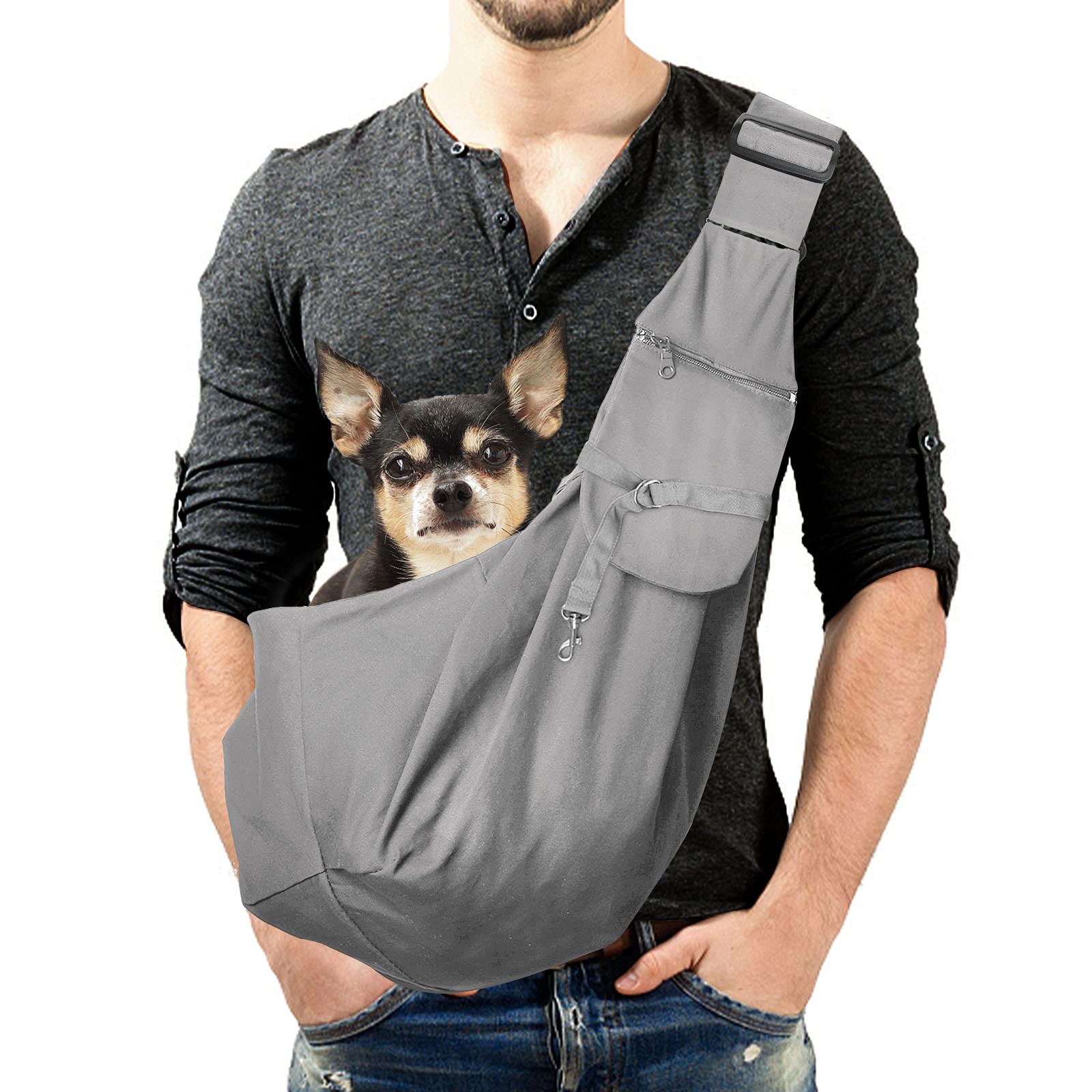 Lyneun Pet Hand-Free Sling Dog Carry Bag with Adjustable Shoulder Strap Double-sided Puppy Carrier with Front Pocket for Walking Travel Outdoor (Grey)