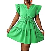 WDIRARA Women's Plus Size Bow Tie Ruffle Cap Sleeve Notch V Neck A Line Mini Dress