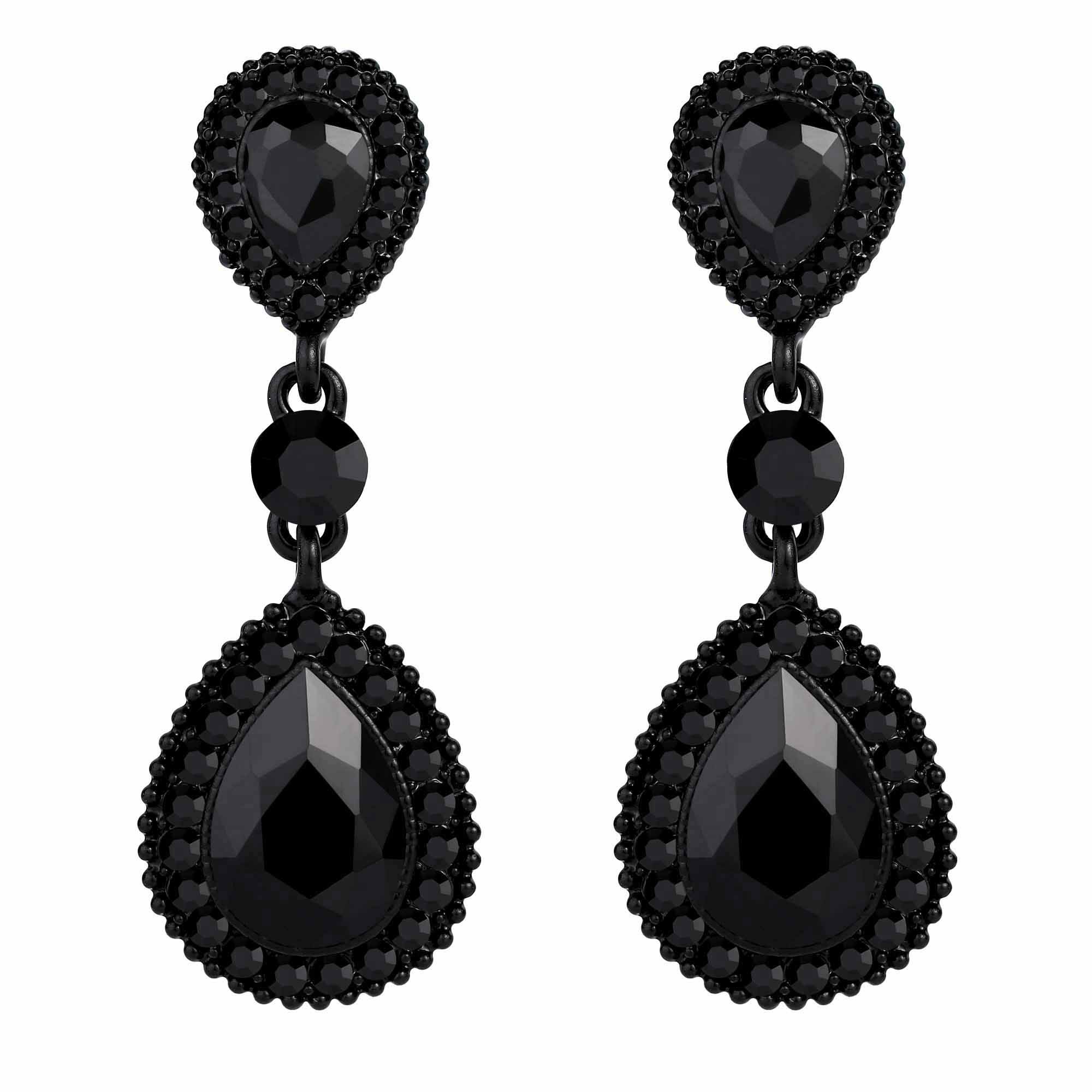 Clearine Double Diamante Crystal Gemstone Teardrop Dangle Pierced Earrings for Women, Statement Costume Wedding Jewellery Black Tone