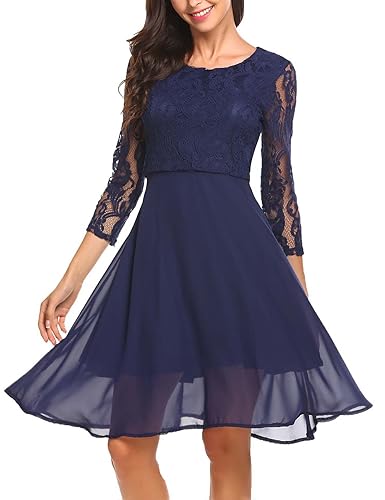 Finejo Damen Abendkleid Elegant Cocktailkleid Ballkleid Hochzeit festlich Kleid mit Spitze Chiffonkleid Partykleid Knielang