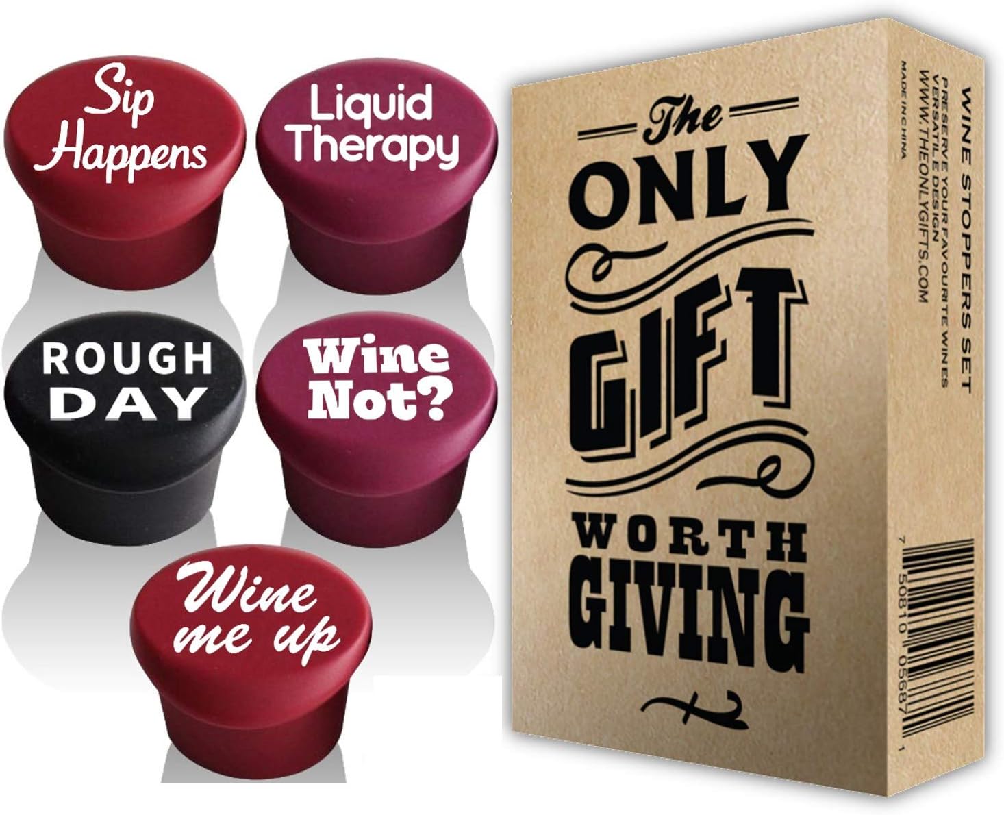 5 Wine Stoppers + Gift Box Perfect Wine Gift Accessory, Set of 5