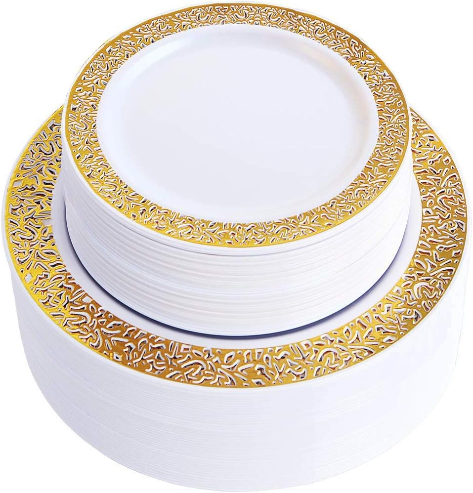 WDF 102pcs Gold Disposable Plastic Plates -Lace Design Wedding Party Plastic Plates include 51 Plastic Dinner Plates 10.25inch,51 Salad/Dessert Plates 7.5inch (Gold Lace Plates)