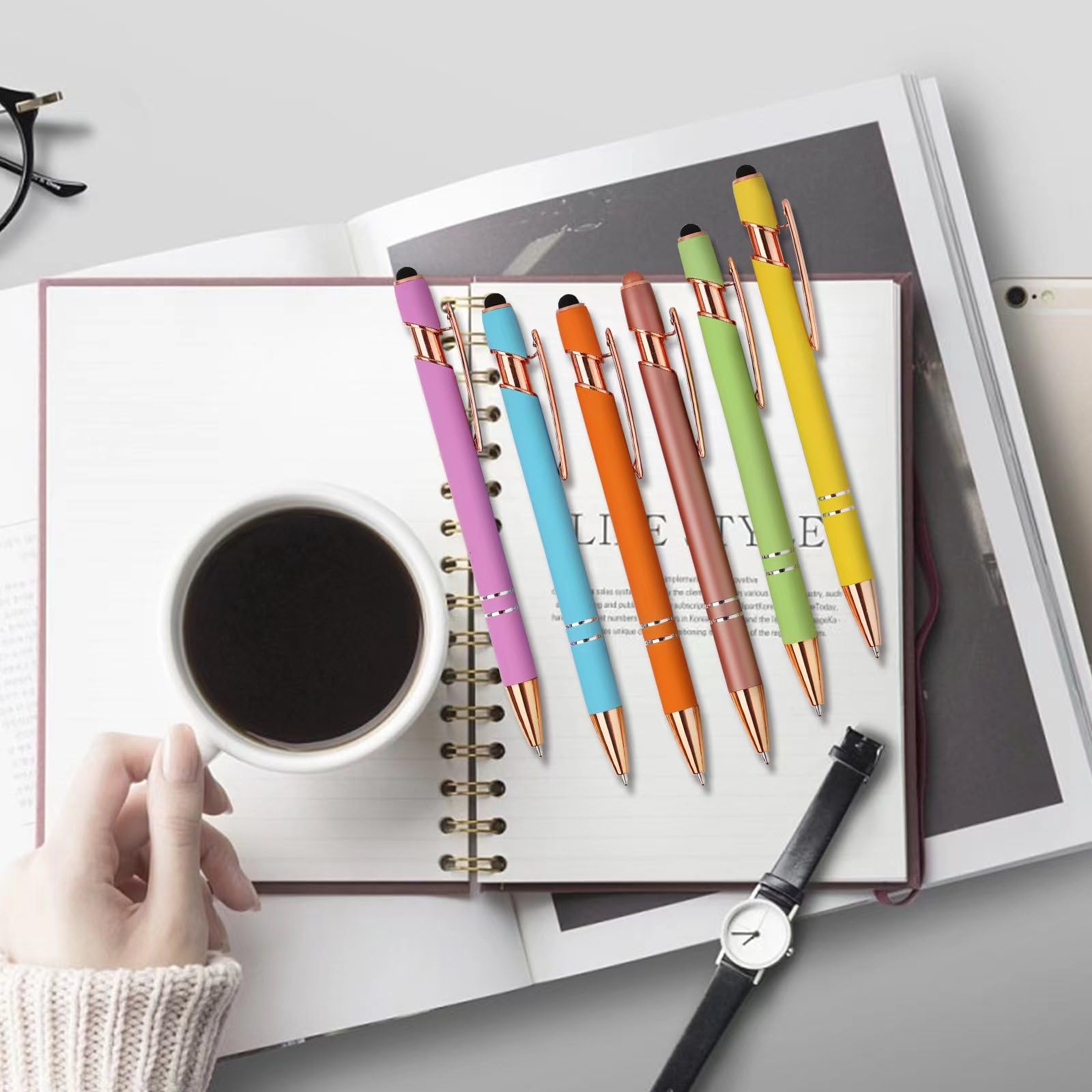 6 PCS 2 in 1 Stylus Ballpoint Pens,Pen with Stylus Tips, 1.0 mm Black Ink Metal Pens Stylus Pen for Touch Screens (6 Colors-2)