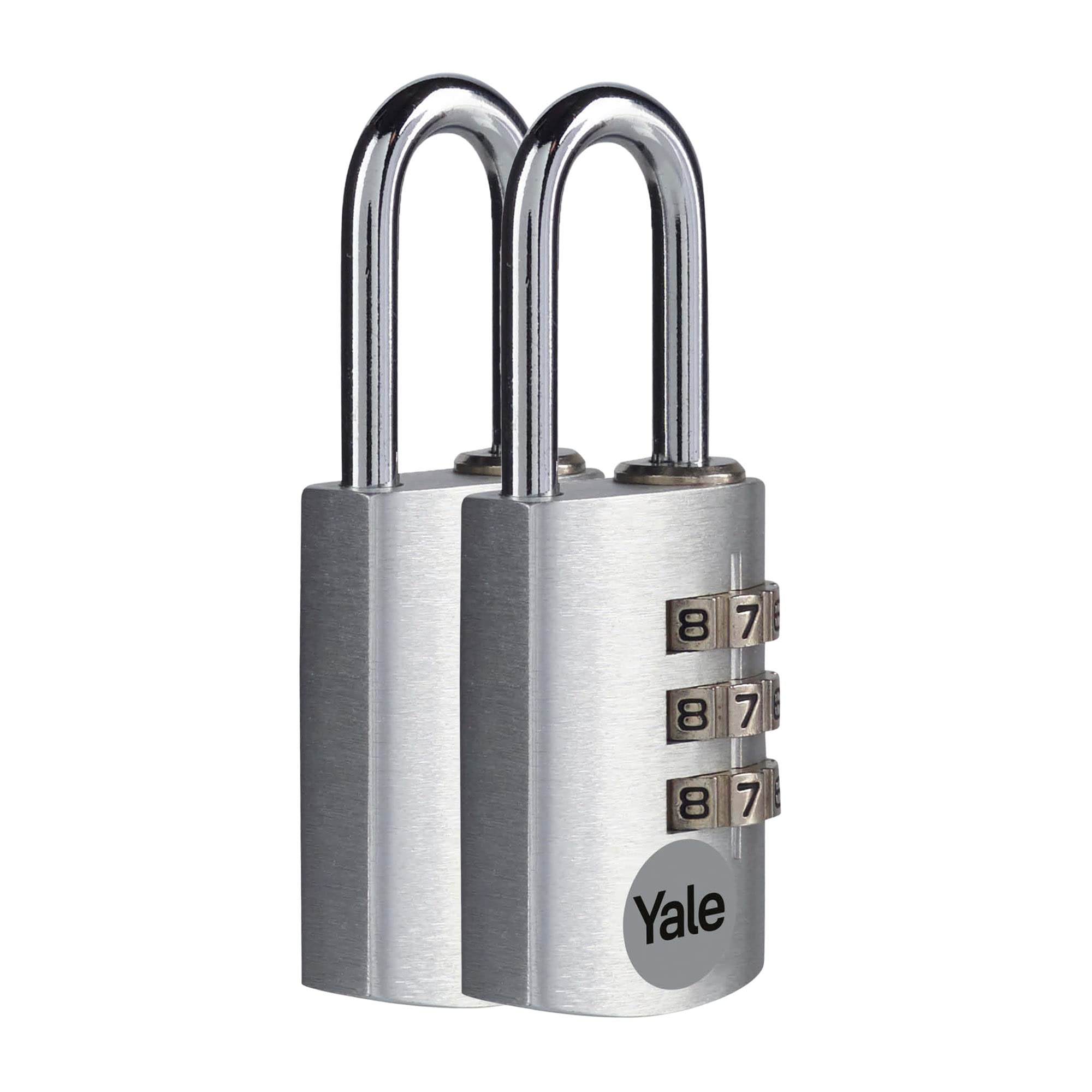Yale YE3CB/20/121/2/S - Standard Protection - Aluminium Combination Padlock Silver 20 mm - Steel Shackle - 3 Combination Lock - Set of 2