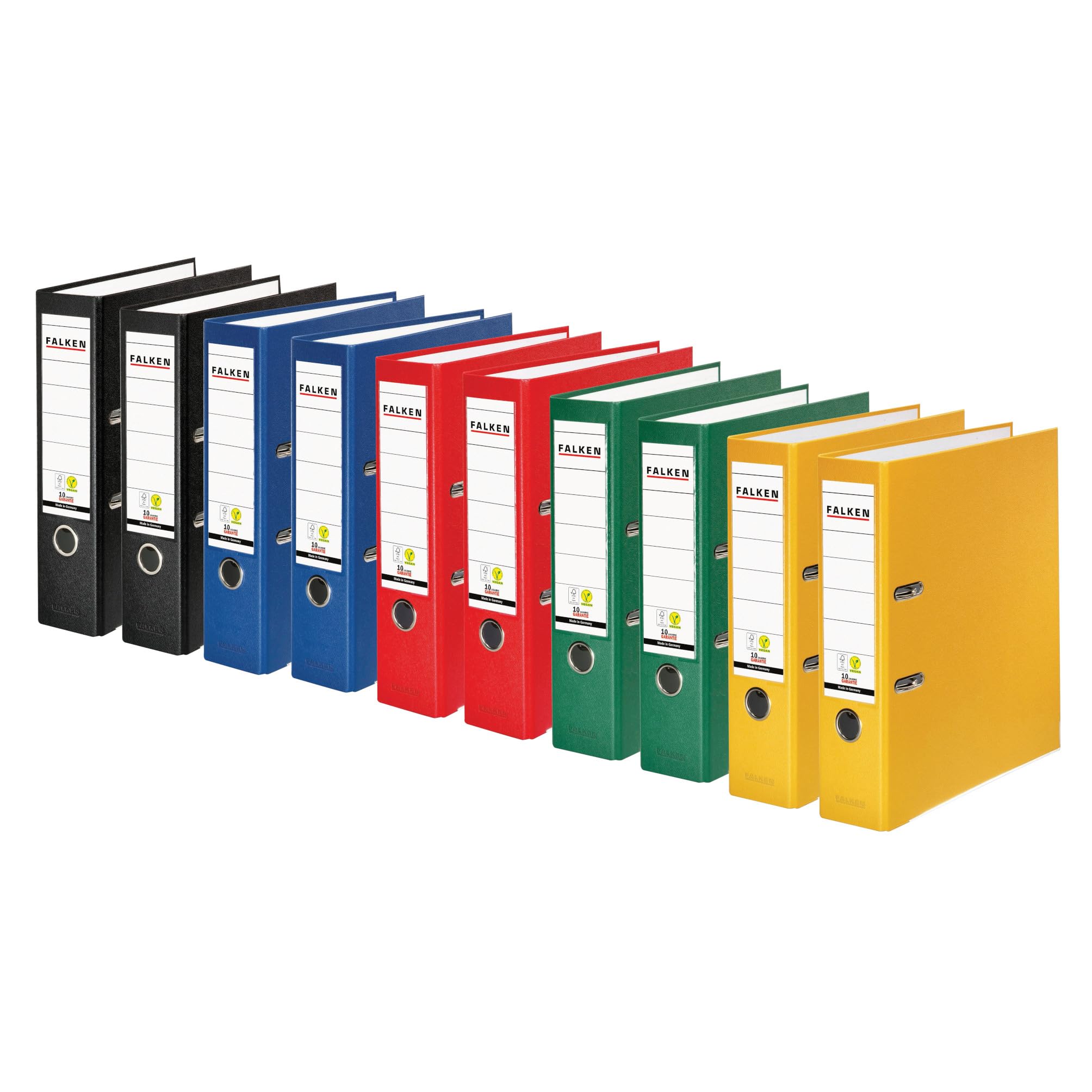 Original Falken pack of 10 PP-Color plastic folders. Made in Germany. 8 cm wide DIN A4 Vegan colour assorted 2x each black, blue, red, yellow, green File folder Letter file Office folder