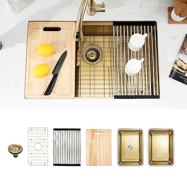 GZOII GOLD UNDERMOUNT WORKSTATION KITCHEN SINK, GOLD DECOR 30 INCH STAINLESS STEEL SINGLE BOWL KITCHEN SINK WITH ACCESSORIES, 30×18×9 INCH