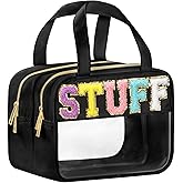 Chenille Letter Clear Makeup Bags, Stuff Bag for Travel, Preppy Patch Nylon Cosmetic Bag with Handles and Zipper, Waterproof Large Clear Travel Toiletry Bag Storage Bag for Women Black