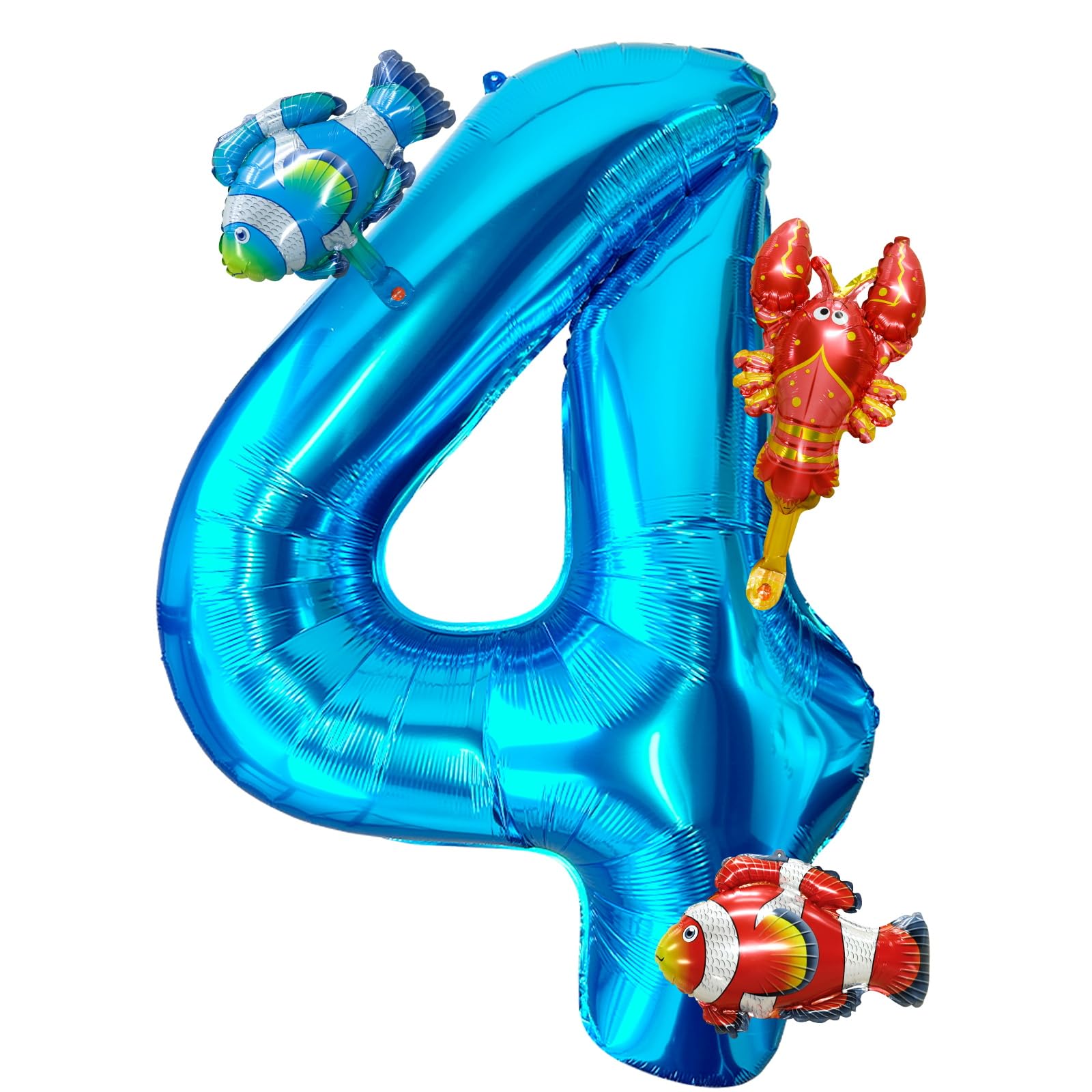 Photo 1 of 40 Inch Under the Sea Blue Number 4 Balloon, Mini Sea Animal Balloons Ocean Animal Foil Balloon, Fish Crawfish Balloons for Boys Girls Ocean Theme 4th Birthday Baby Shower Party Decoration