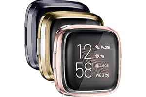 [3 Pack] Mugust Screen Protector Compatible with Fitbit Versa 2 Case, TPU Plated Full Around Protective Case Cover for Fitbit Versa 2 Smartwatch (Soft Gold, Space Gray, Clear)
