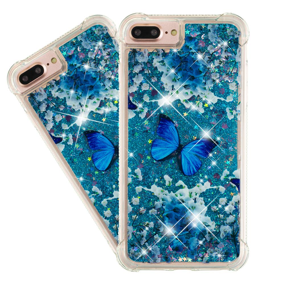 IMEIKONST Glitter Liquid Case for iPhone 6S Plus / 6 Plus, Sparkle Sequin Floating Shiny Quicksand TPU Shockproof Protective Bumper Cover for iPhone 8 Plus / 7 Plus Bling Blue Butterfly YB
